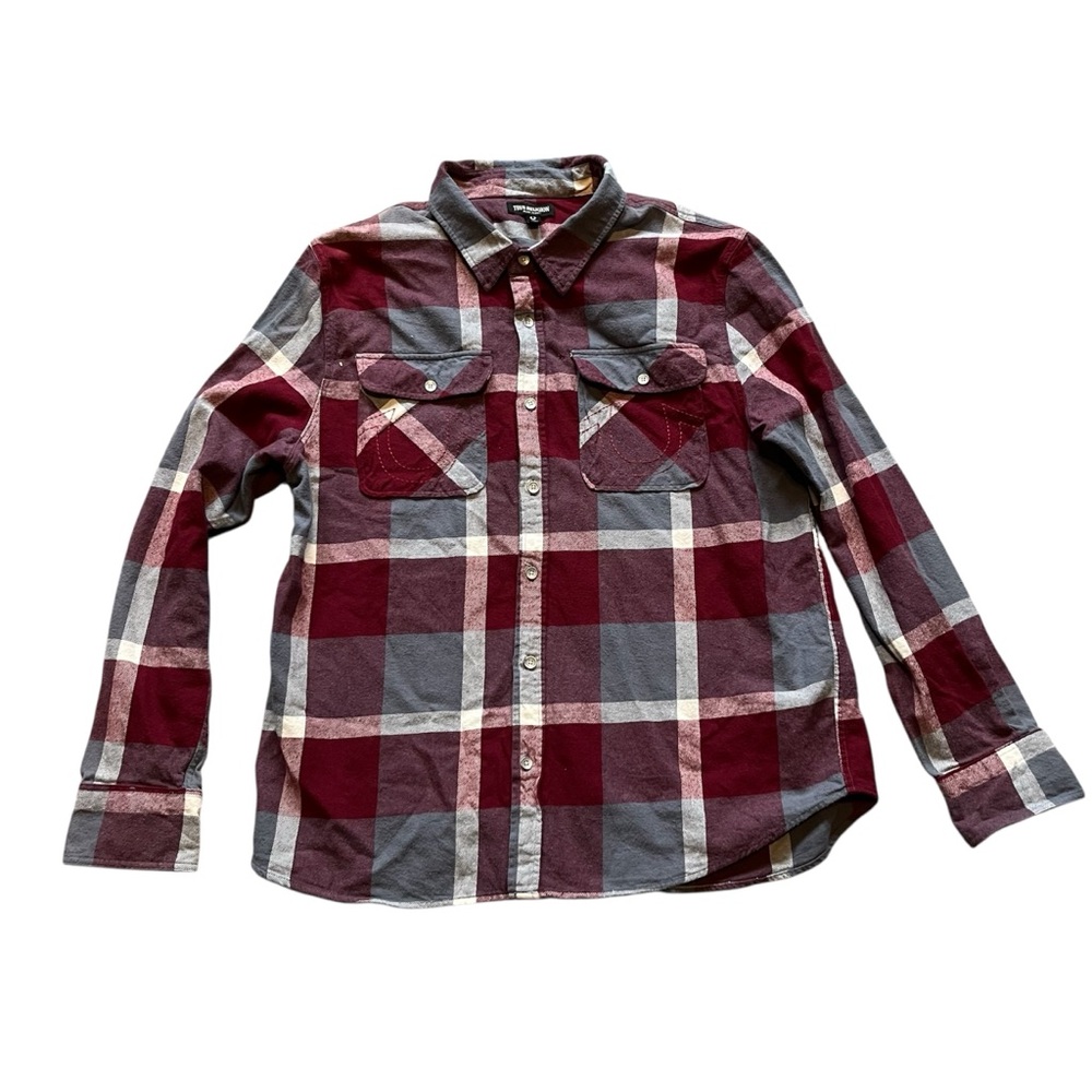 True Religion Shirt Mens Large Gray Red Button up Workwear Woven Plaid‎ Large